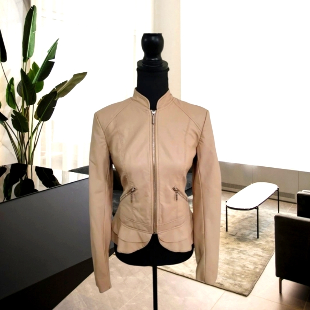 Guess Modern Mob Wife Vegan Leather Tan Peplum Jacket Size Extra Small